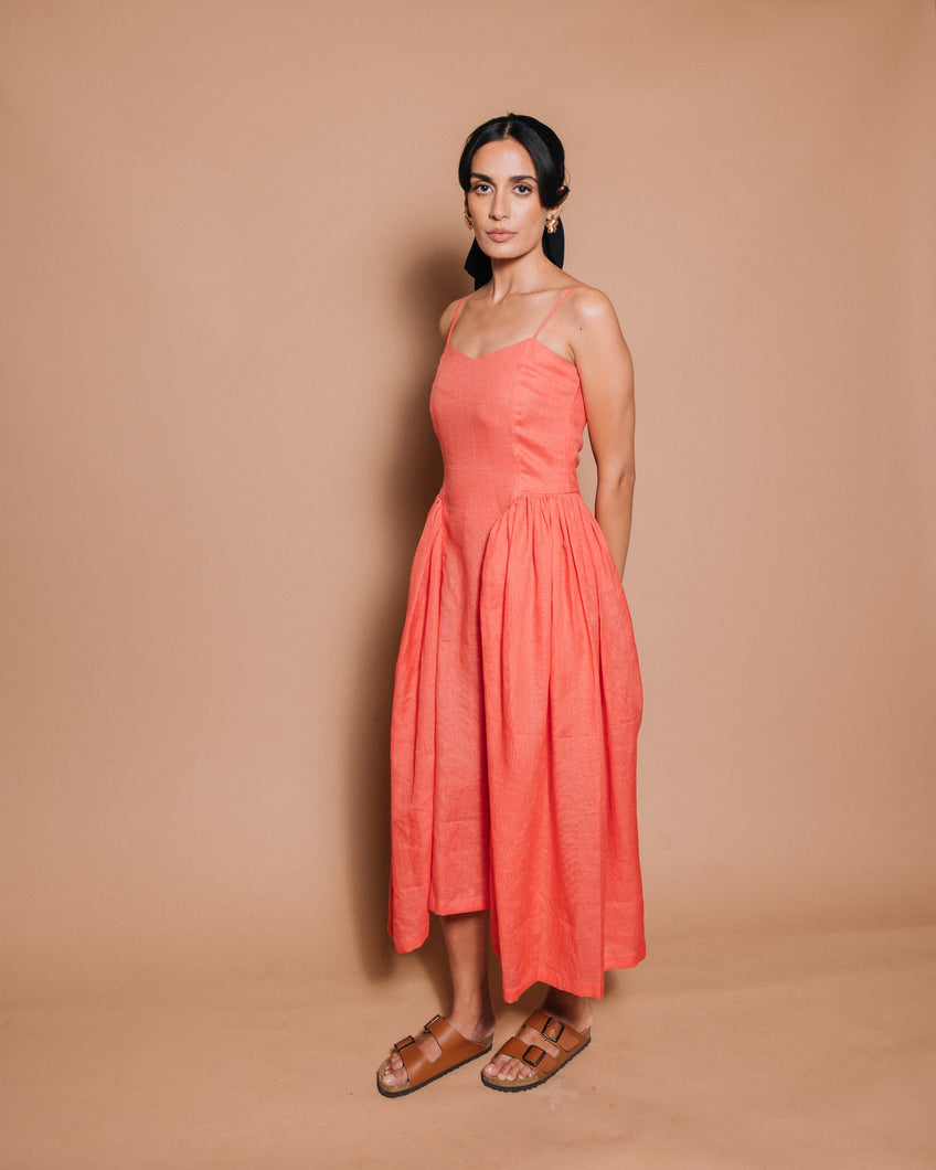 Chloe - Coral dress with side gathers