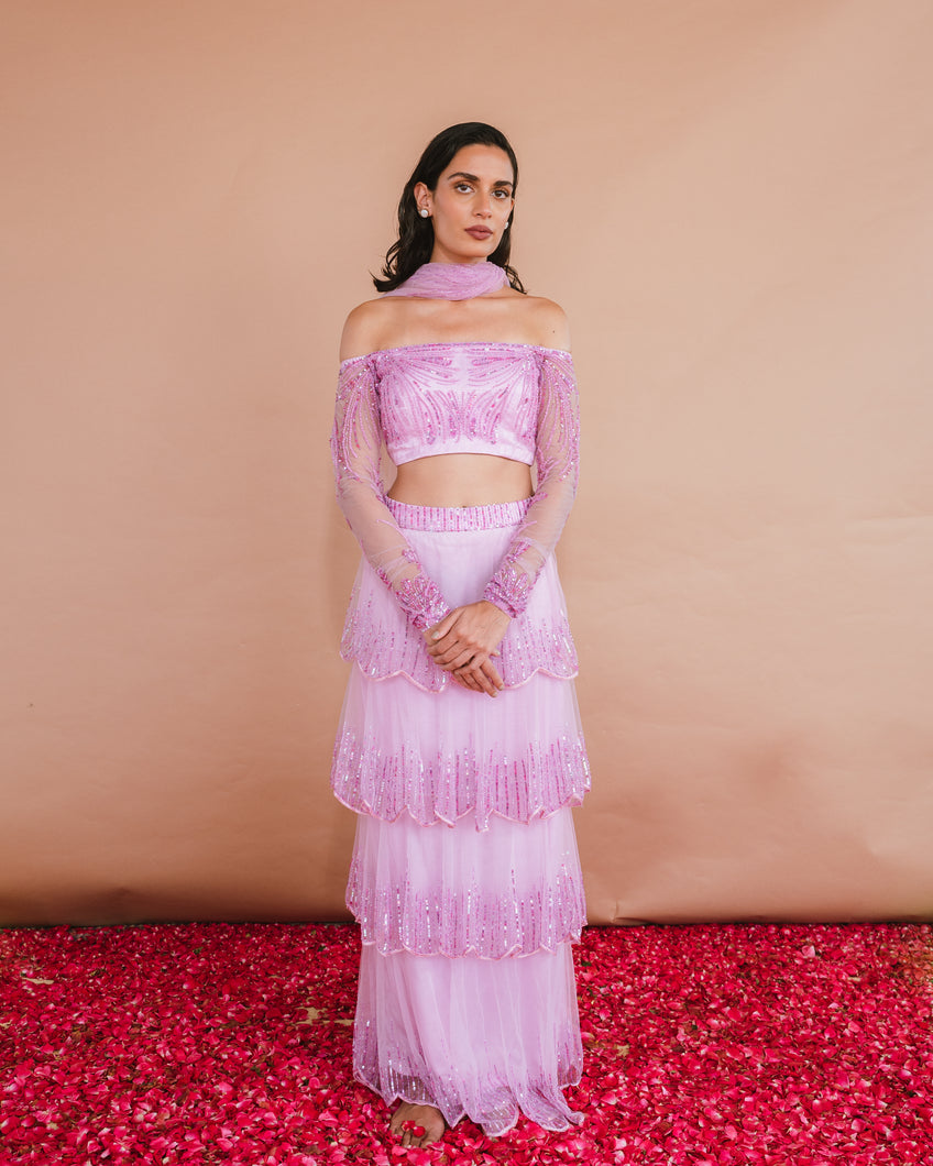 Mehak - Lilac Tiered Skirt with Off-Shoulder Blouse