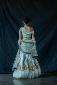 Siah - Mint green off-shoulder embroidered lehenga set