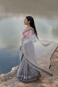 Ahalya - Grey embroidered silk organza saree
