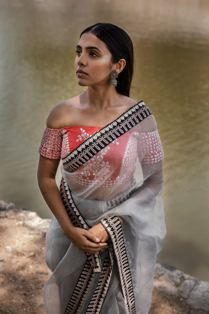 Ahalya - Grey embroidered silk organza saree