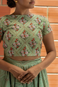 Nargis - Tea green printed chanderi silk lehenga set