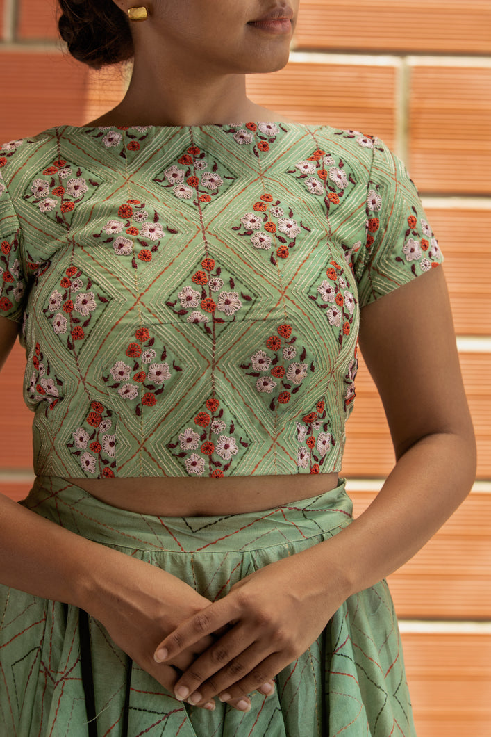 Nargis - Tea green thread work chanderi silk blouse