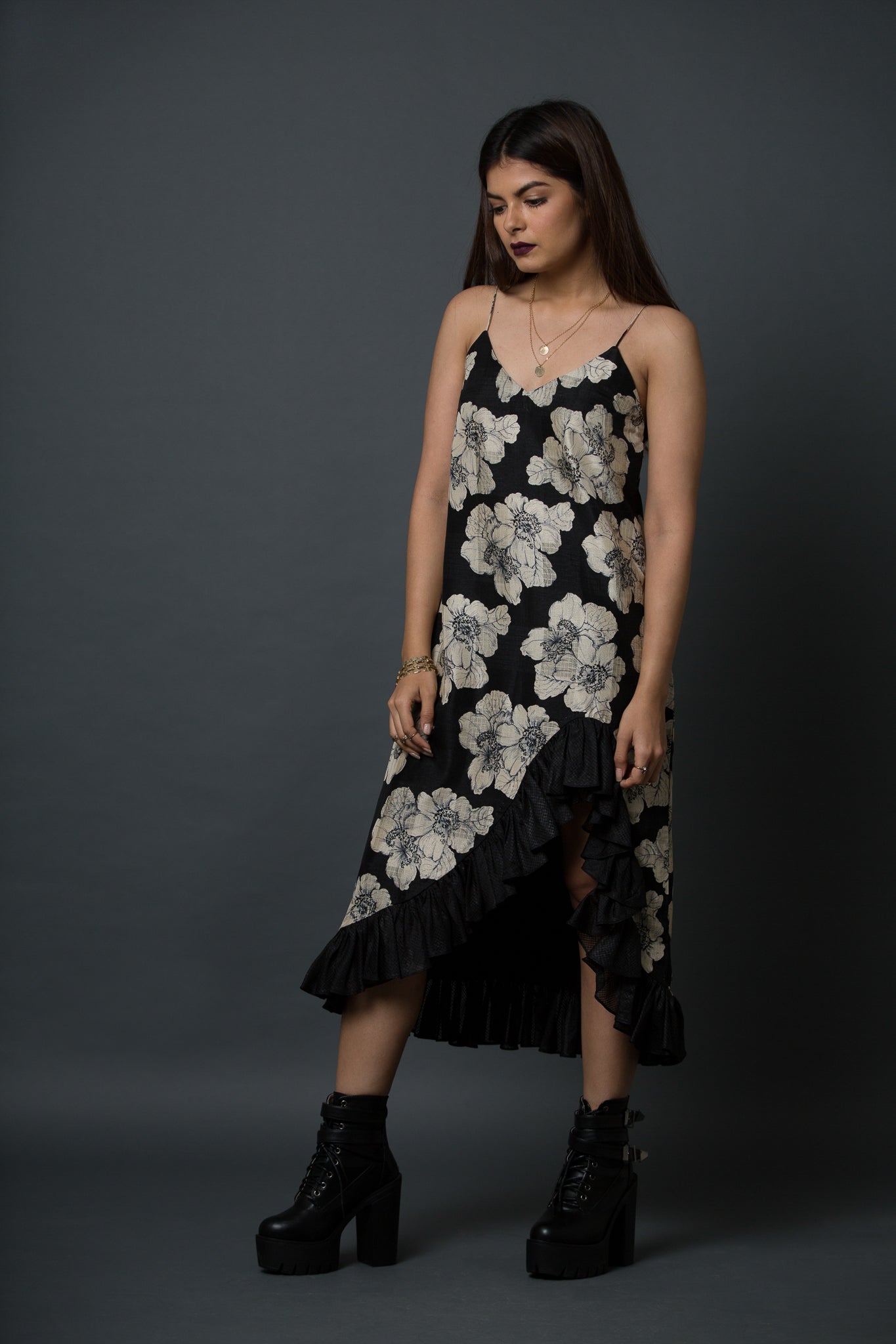 Freida -  printed slip dress with ruffled hemline