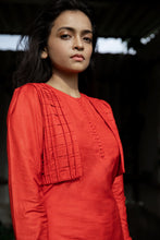 Imroz - Red silk kurta with embroidered sheer tulip pants and dupatta set