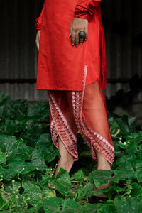 Imroz - Red silk kurta with embroidered sheer tulip pants set