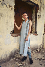 Leandra - Powder blue hand embroidered long tunic with mandarin collar
