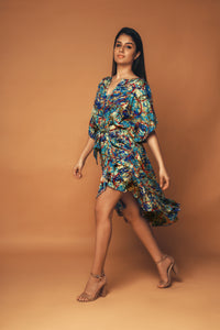 Farfalla - Abstract printed overlap dress with self tie belt