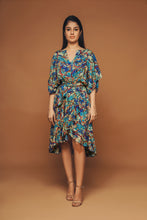 Farfalla - Abstract printed overlap dress with self tie belt