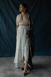 Mehr - Sequined draped sarong skirt with blouse and dupatta set